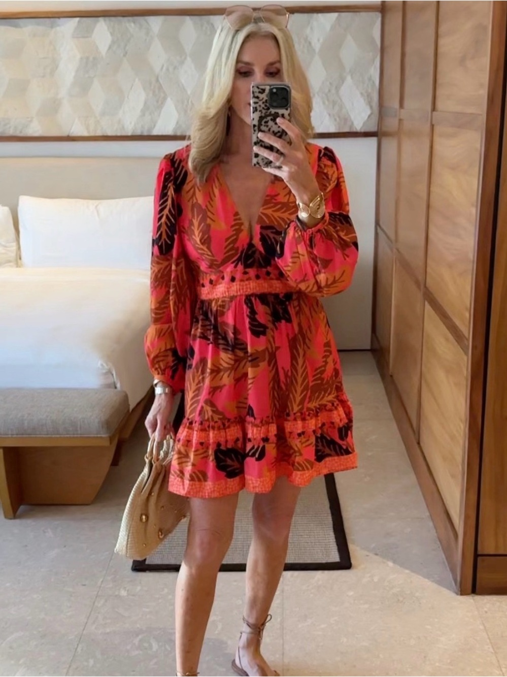Coral Leaf-Print V-Neck Casual Mini Dress